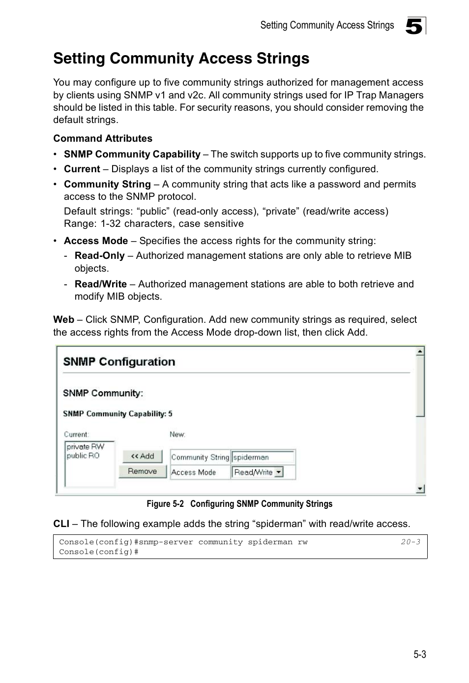 Setting community access strings, Figure 5-2, Configuring snmp community strings | Edge Products ES3528-WDM User Manual | Page 87 / 556