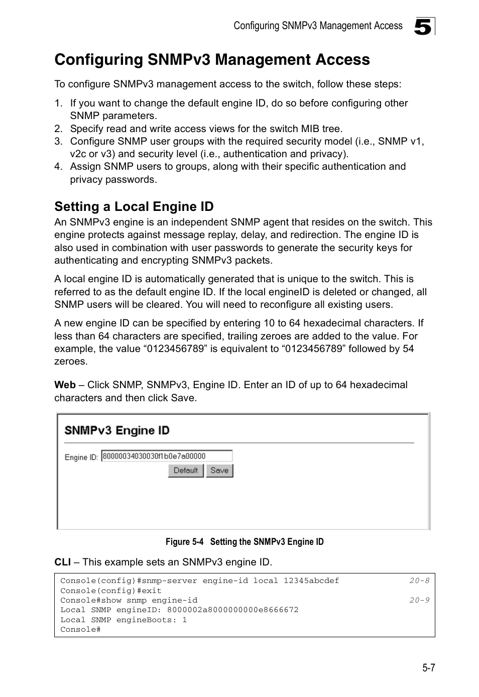 Configuring snmpv3 management access, Setting a local engine id, Figure 5-4 | Setting the snmpv3 engine id | Edge Products ES3528-WDM User Manual | Page 91 / 556