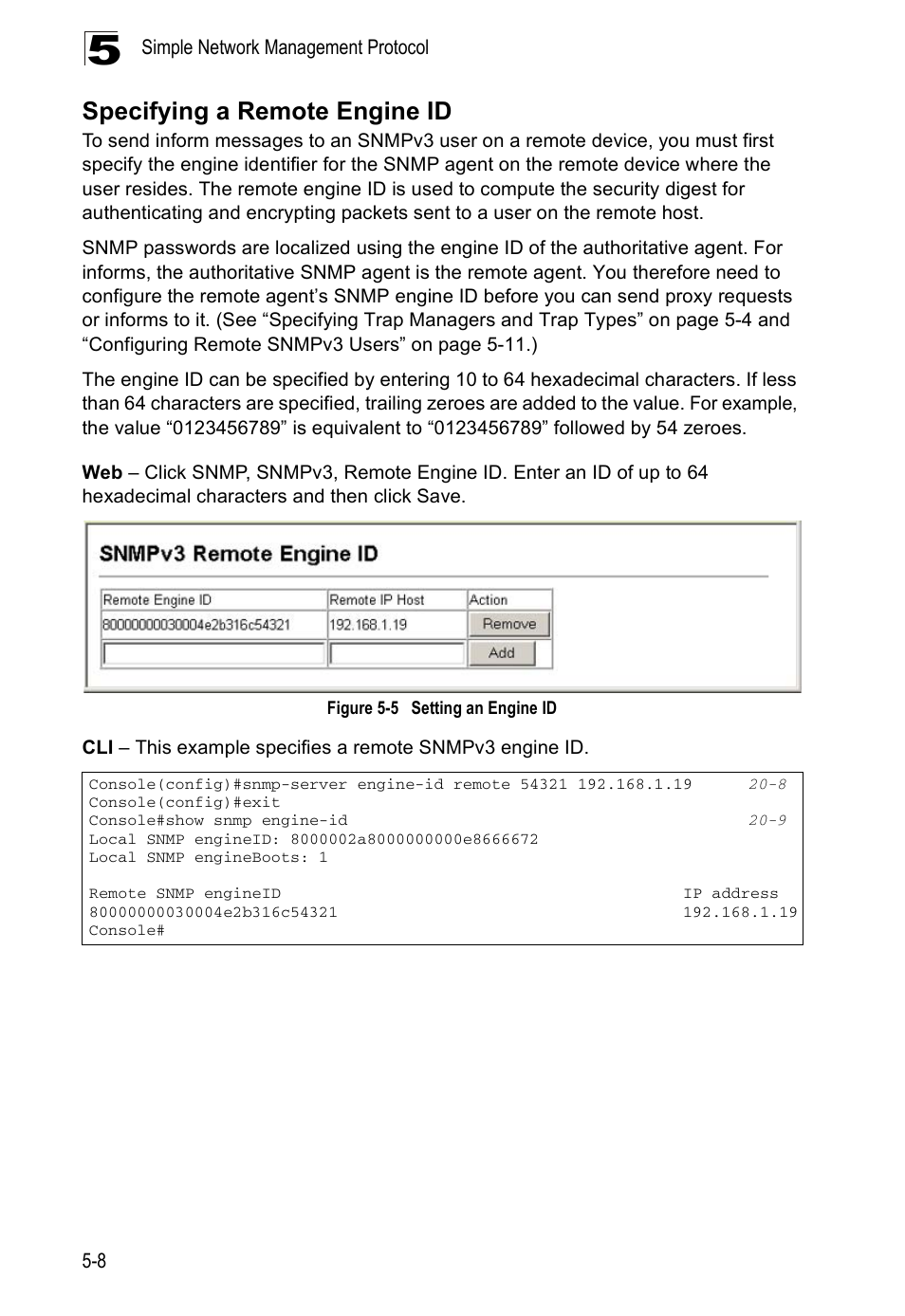 Specifying a remote engine id, Figure 5-5, Setting an engine id | Edge Products ES3528-WDM User Manual | Page 92 / 556