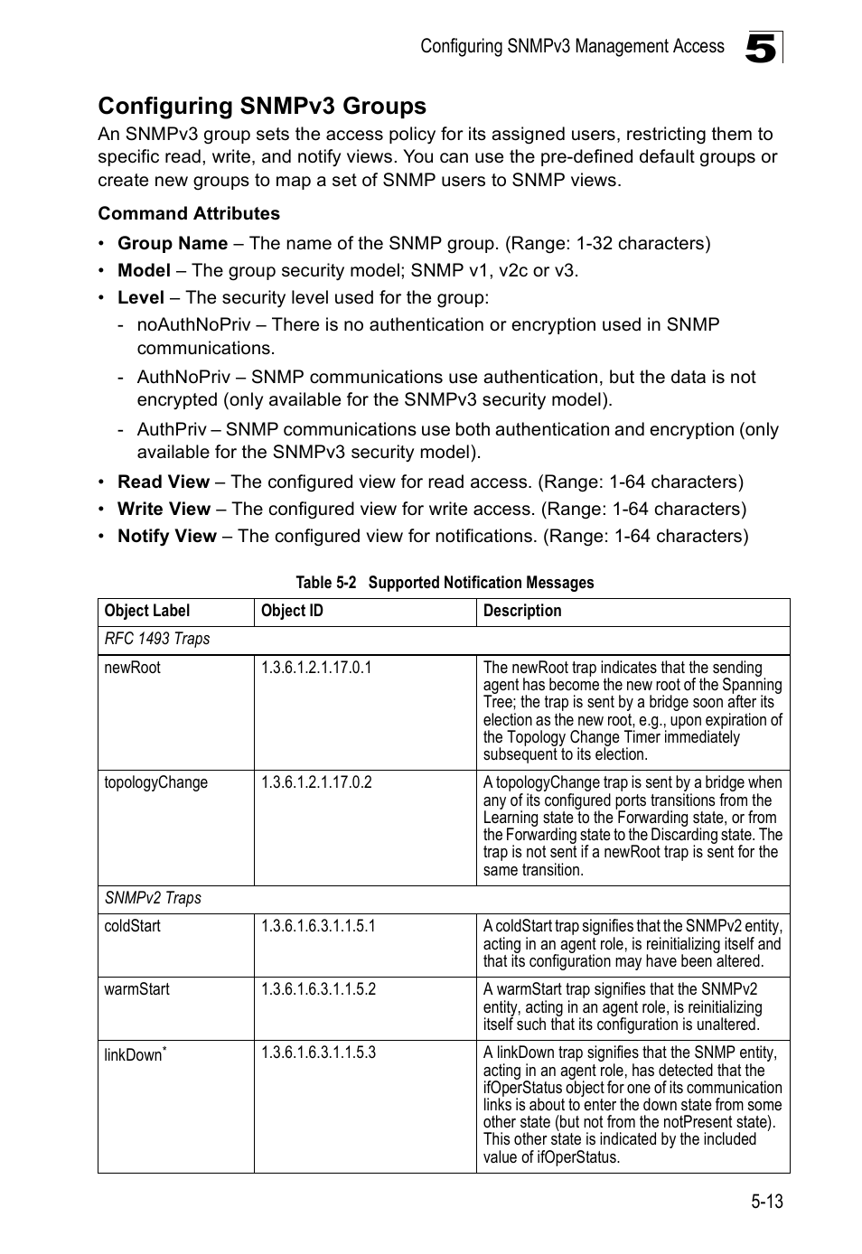 Configuring snmpv3 groups, Table 5-2, Supported notification messages | Edge Products ES3528-WDM User Manual | Page 97 / 556