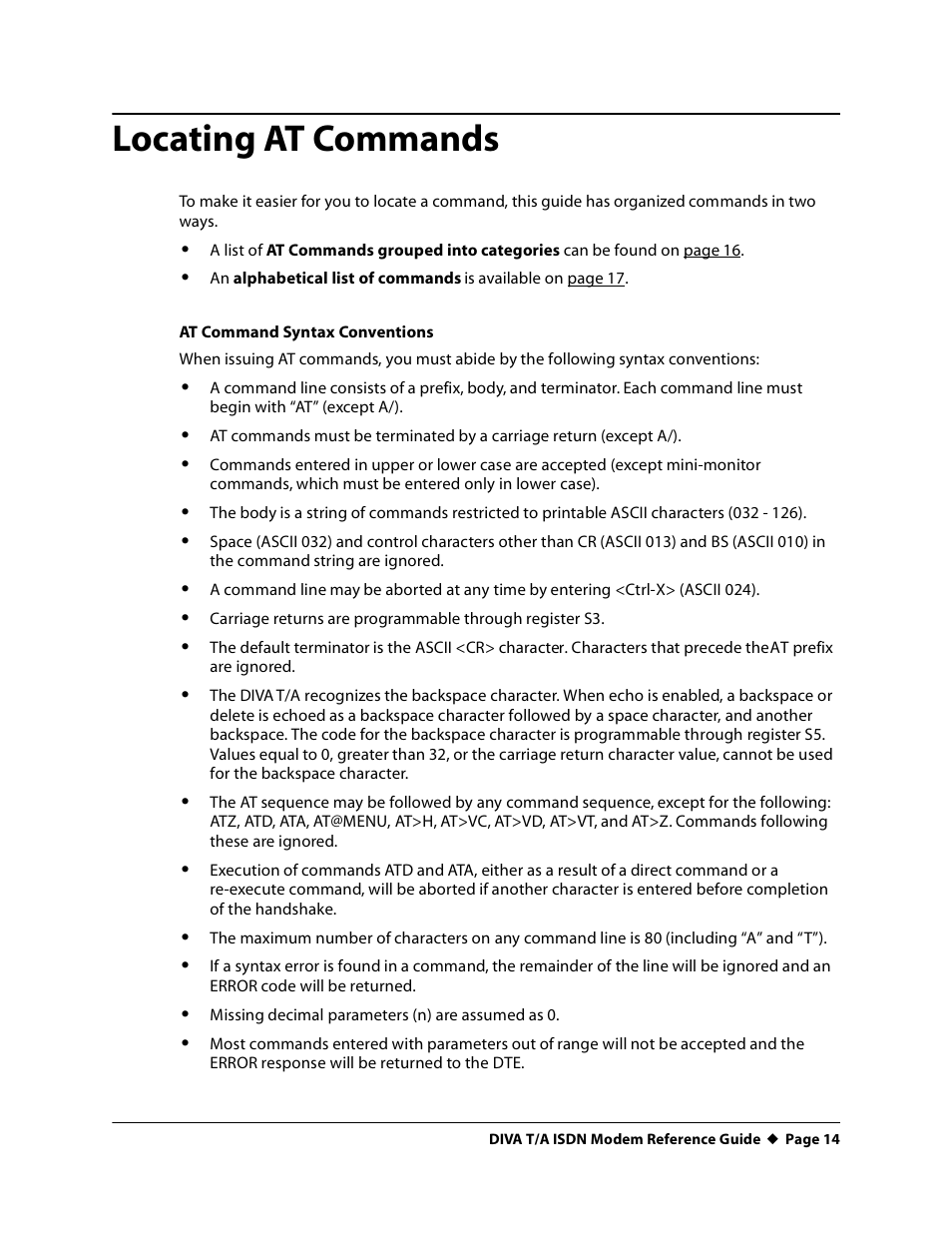 Locating at commands | Eicon Networks DIVA T/A ISDN Modem User Manual | Page 14 / 66