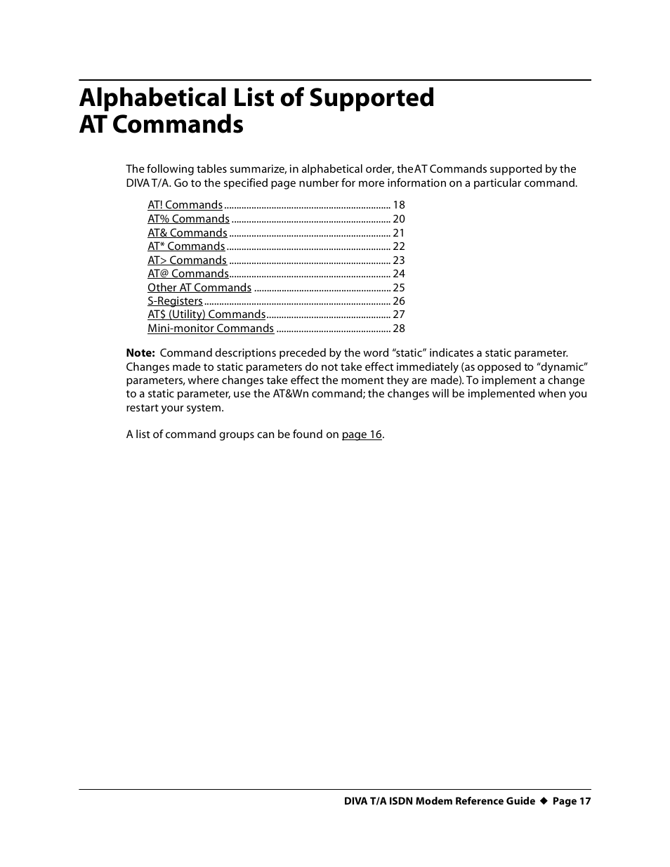 Alphabetical list of supported atcommands, Alphabetical list of supported at commands | Eicon Networks DIVA T/A ISDN Modem User Manual | Page 17 / 66