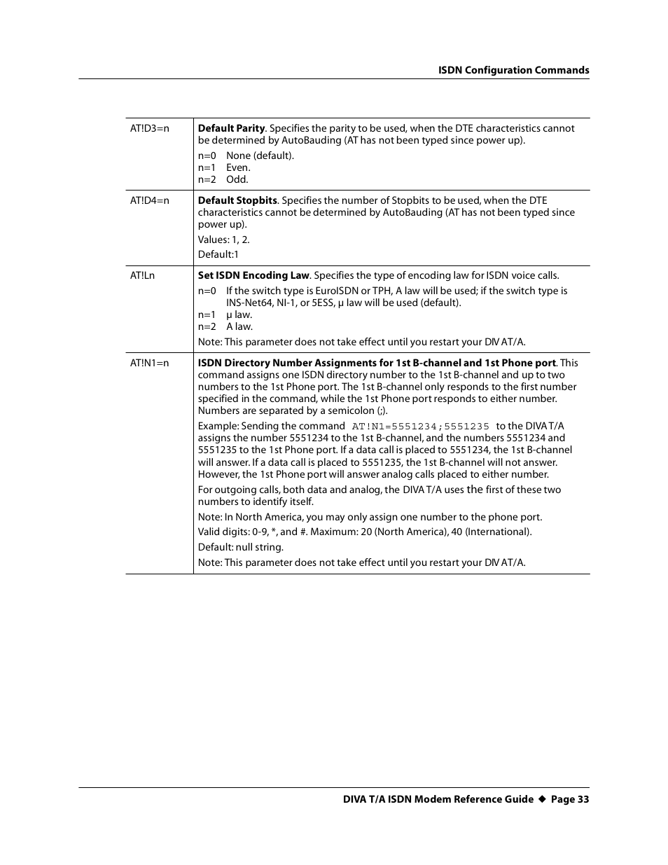 At!d3=n, At!d4=n, At!ln | At!n1=n | Eicon Networks DIVA T/A ISDN Modem User Manual | Page 33 / 66