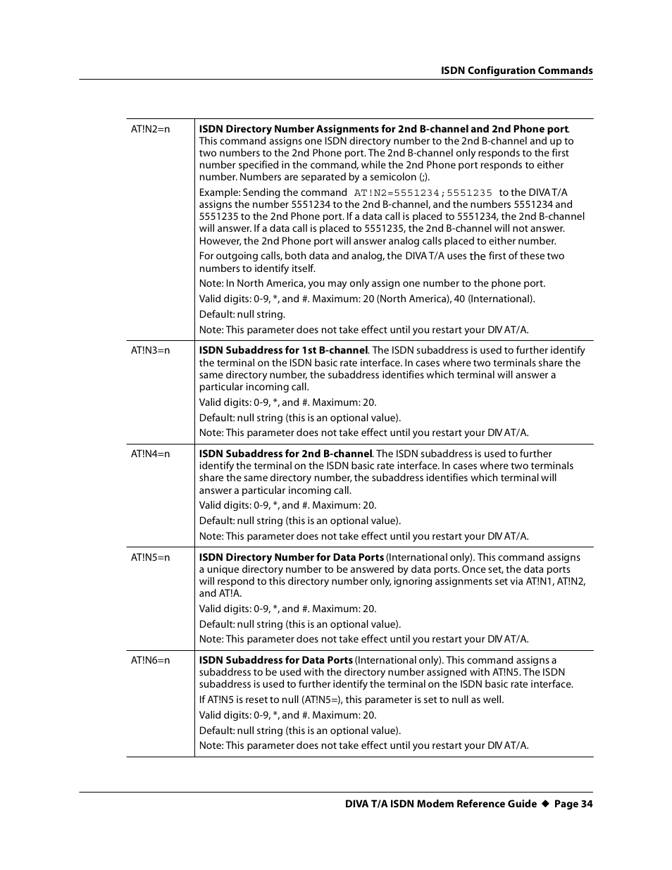 At!n2=n, At!n3=n, At!n4=n | At!n5=n, At!n6=n | Eicon Networks DIVA T/A ISDN Modem User Manual | Page 34 / 66