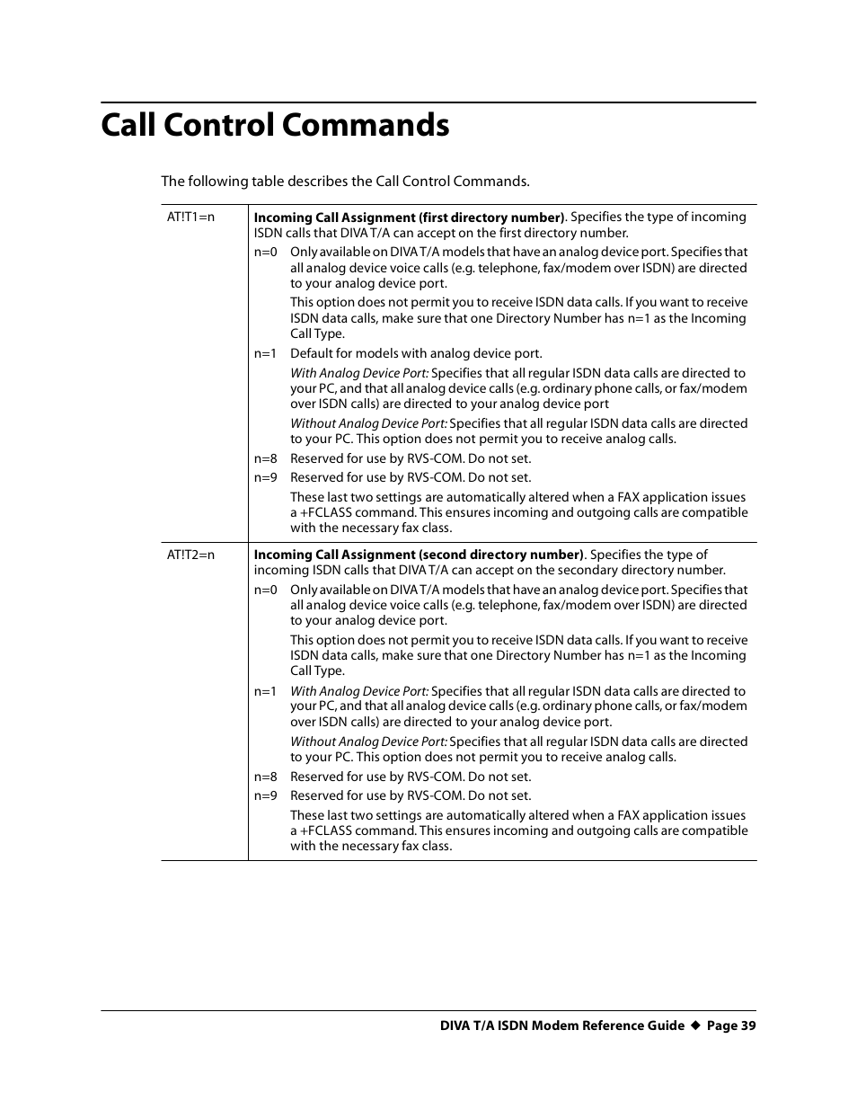 Call control commands, At!t1=n, At!t2=n | Eicon Networks DIVA T/A ISDN Modem User Manual | Page 39 / 66