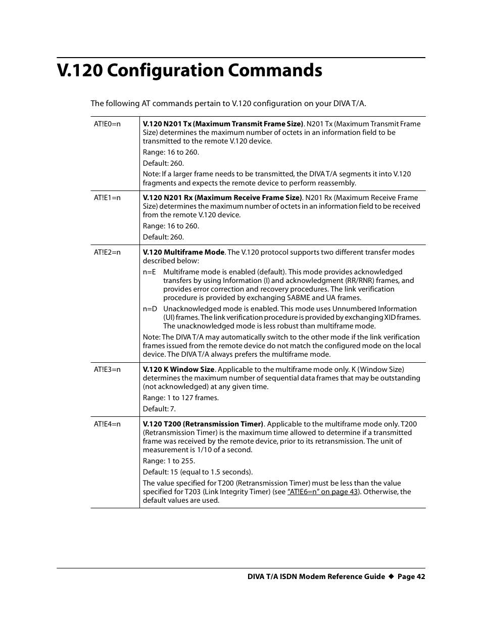 V.120 configuration commands, At!e0=n, At!e1=n | At!e2=n, At!e3=n, At!e4=n | Eicon Networks DIVA T/A ISDN Modem User Manual | Page 42 / 66