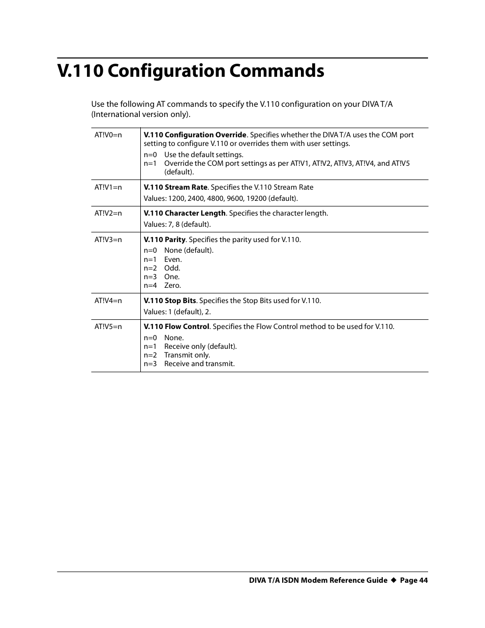 V.110 configuration commands, At!v0=n, At!v1=n | At!v2=n, At!v3=n, At!v4=n, At!v5=n | Eicon Networks DIVA T/A ISDN Modem User Manual | Page 44 / 66