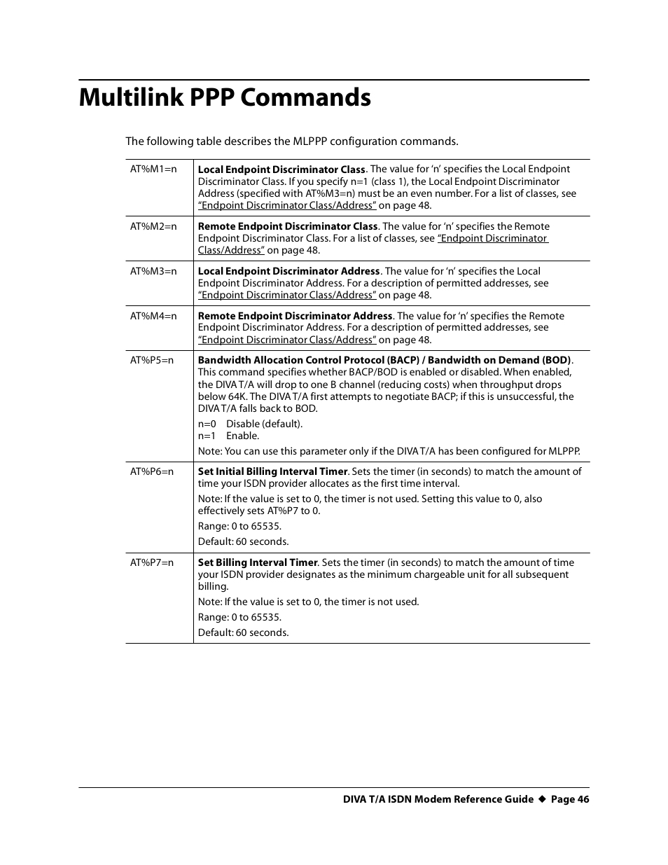 Multilink ppp commands, At%m1=n, At%m2=n | At%m3=n, At%m4=n, At%p5=n, At%p6=n, At%p7=n | Eicon Networks DIVA T/A ISDN Modem User Manual | Page 46 / 66
