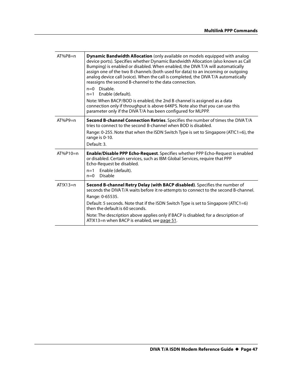At!x13=n, At%p8=n, At%p9=n | At%p10=n | Eicon Networks DIVA T/A ISDN Modem User Manual | Page 47 / 66
