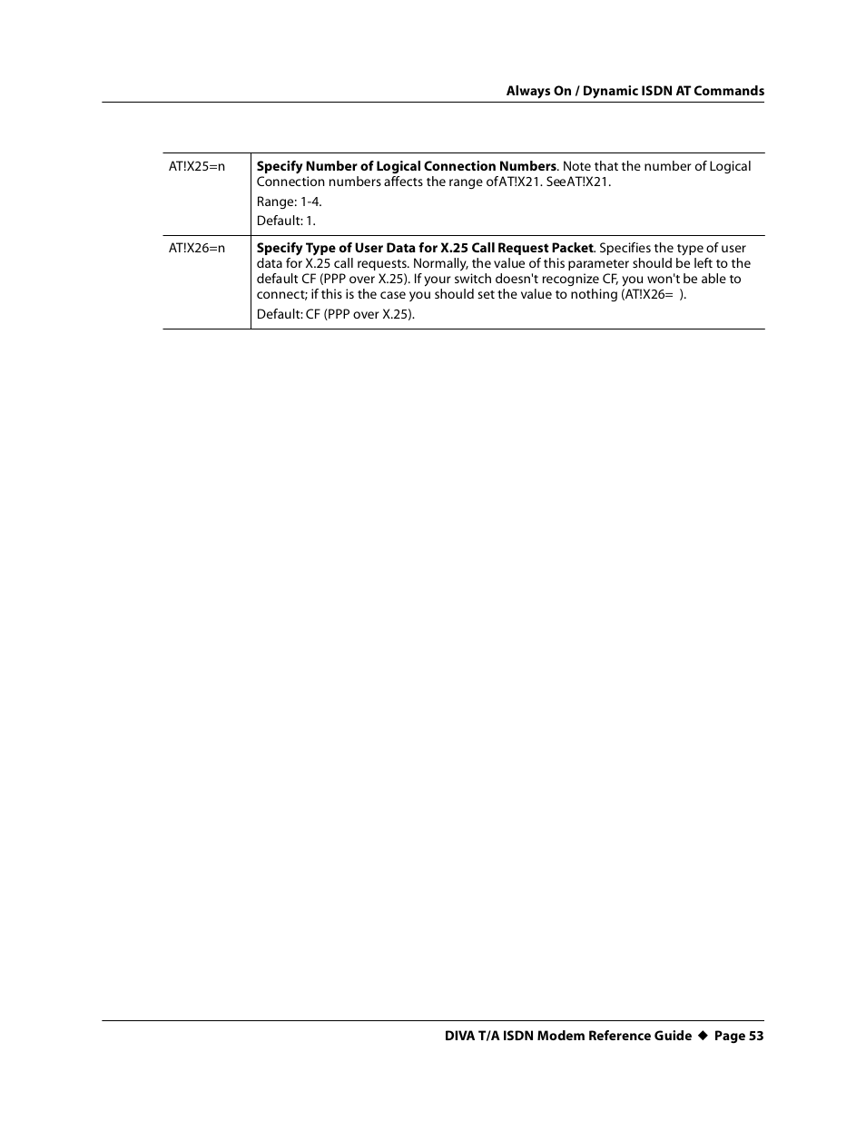 At!x25=n, At!x26=n | Eicon Networks DIVA T/A ISDN Modem User Manual | Page 53 / 66