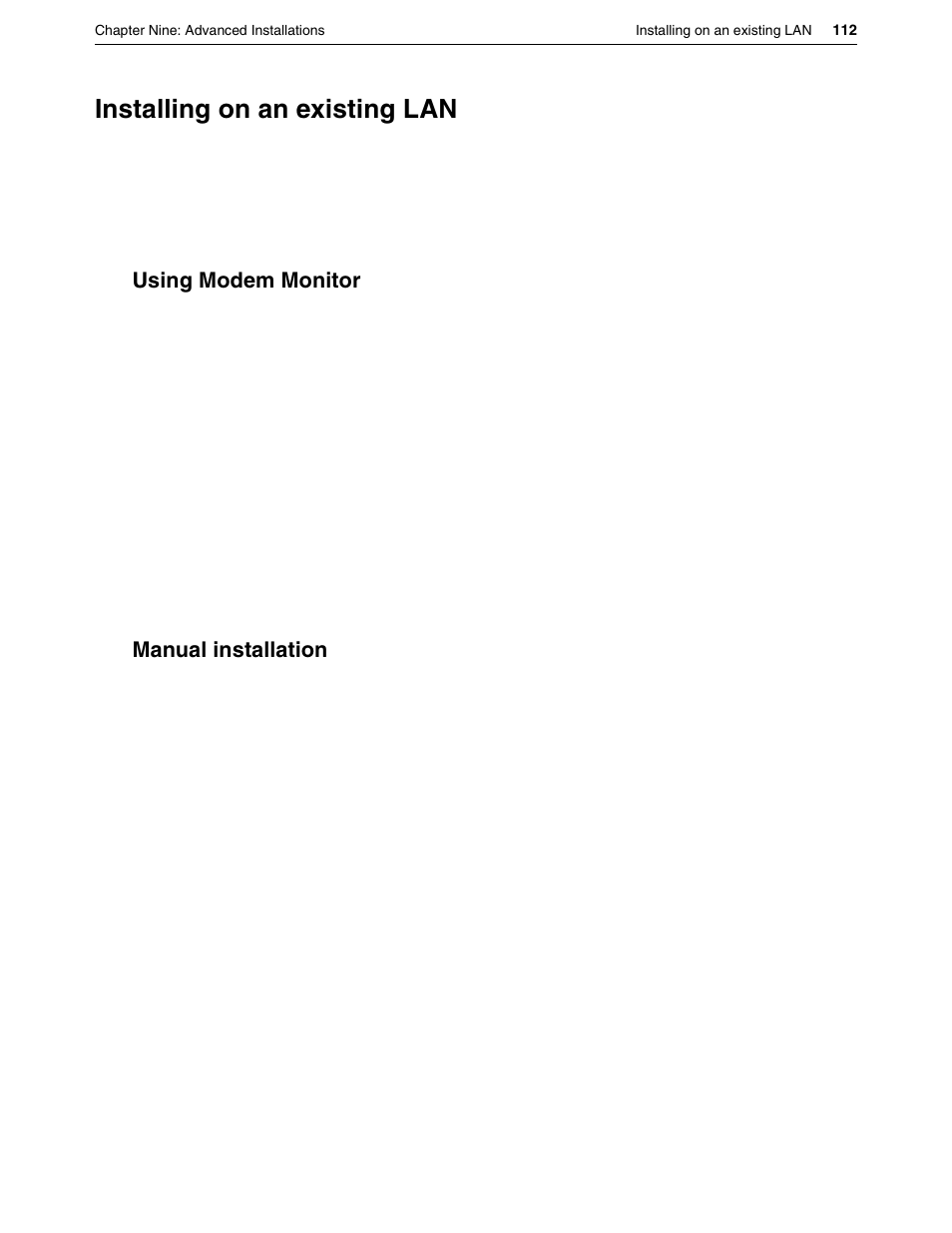 Installing on an existing lan, Using modem monitor, Manual installation | Using modem monitor manual installation | Eicon Networks DIVA LAN ISDN User Manual | Page 112 / 213