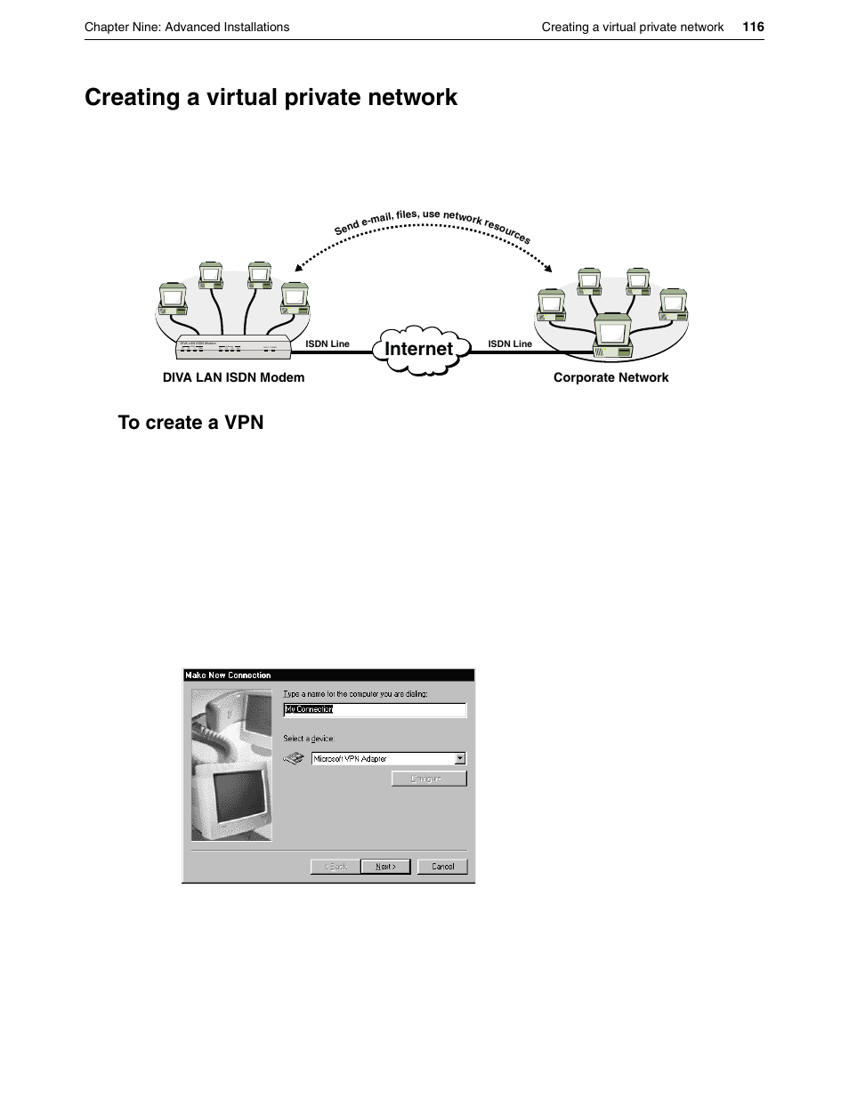 Creating a virtual private network, To create a vpn, Internet | Eicon Networks DIVA LAN ISDN User Manual | Page 116 / 213