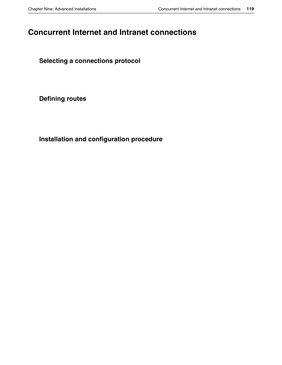 Concurrent internet and intranet connections, Selecting a connections protocol, Defining routes | Installation and configuration procedure | Eicon Networks DIVA LAN ISDN User Manual | Page 119 / 213