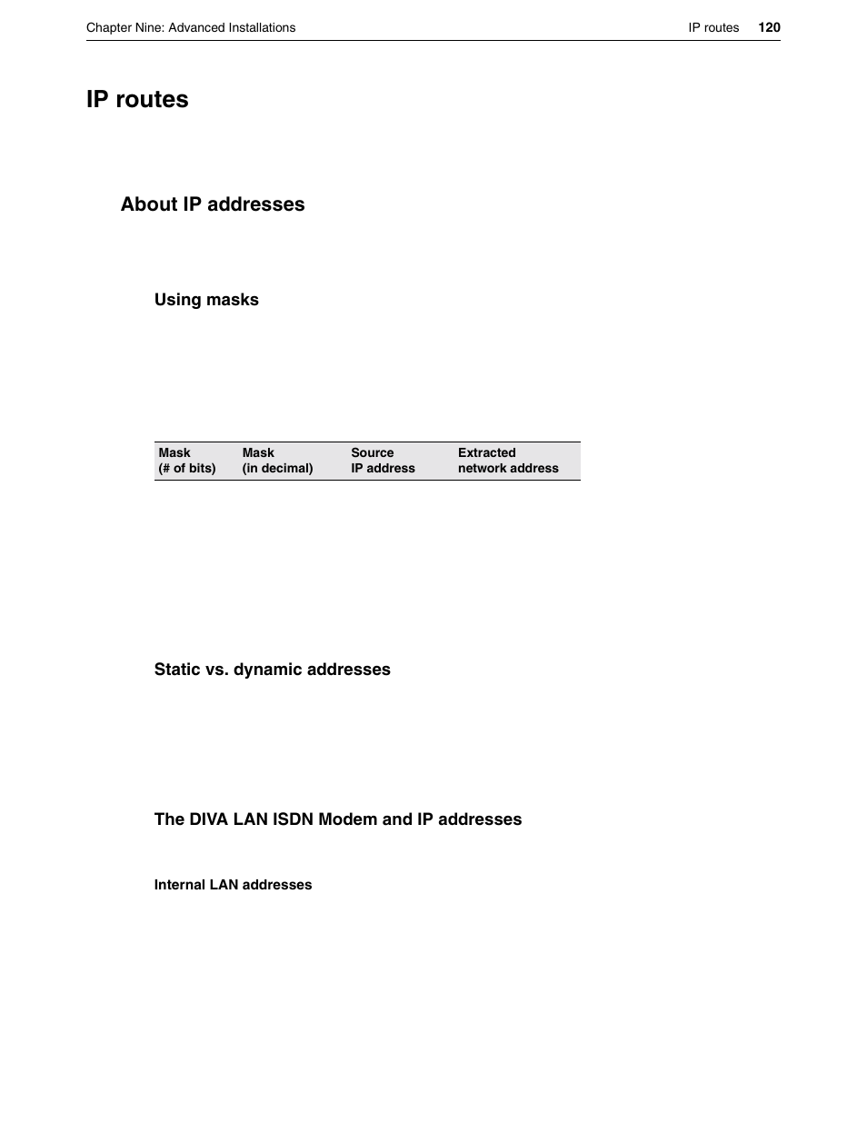 Ip routes, About ip addresses | Eicon Networks DIVA LAN ISDN User Manual | Page 120 / 213