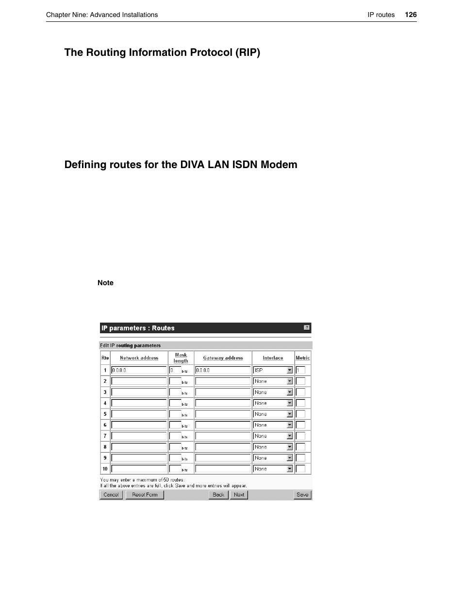 The routing information protocol (rip), Defining routes for the diva lan isdn modem | Eicon Networks DIVA LAN ISDN User Manual | Page 126 / 213