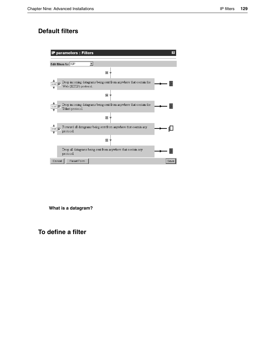 Default filters, To define a filter, Default filters to define a filter | Eicon Networks DIVA LAN ISDN User Manual | Page 129 / 213