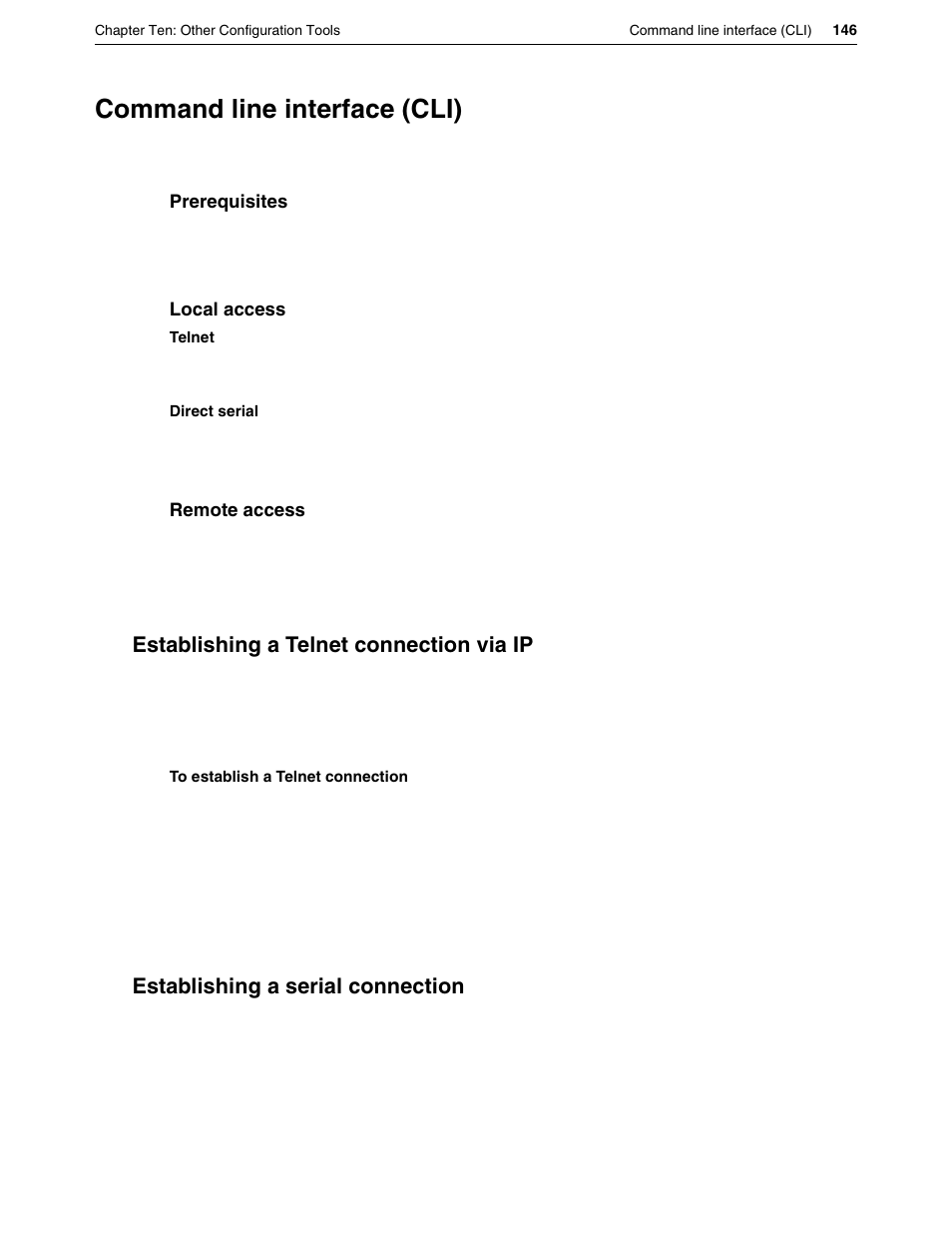 Command line interface (cli), Establishing a telnet connection via ip, Establishing a serial connection | Eicon Networks DIVA LAN ISDN User Manual | Page 146 / 213