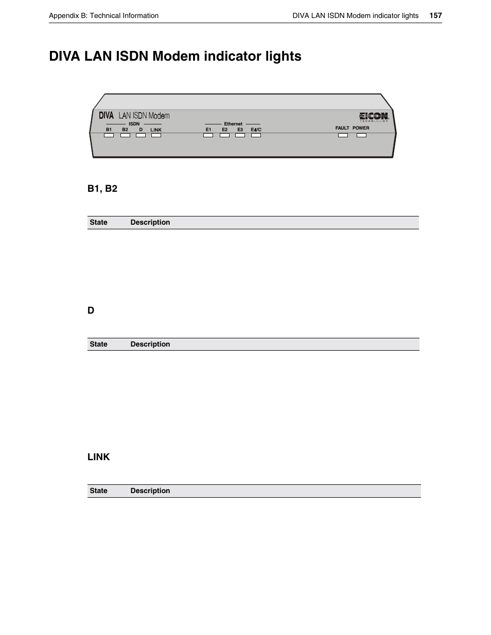 Diva lan isdn modem indicator lights, B1, b2, Link | Eicon Networks DIVA LAN ISDN User Manual | Page 157 / 213