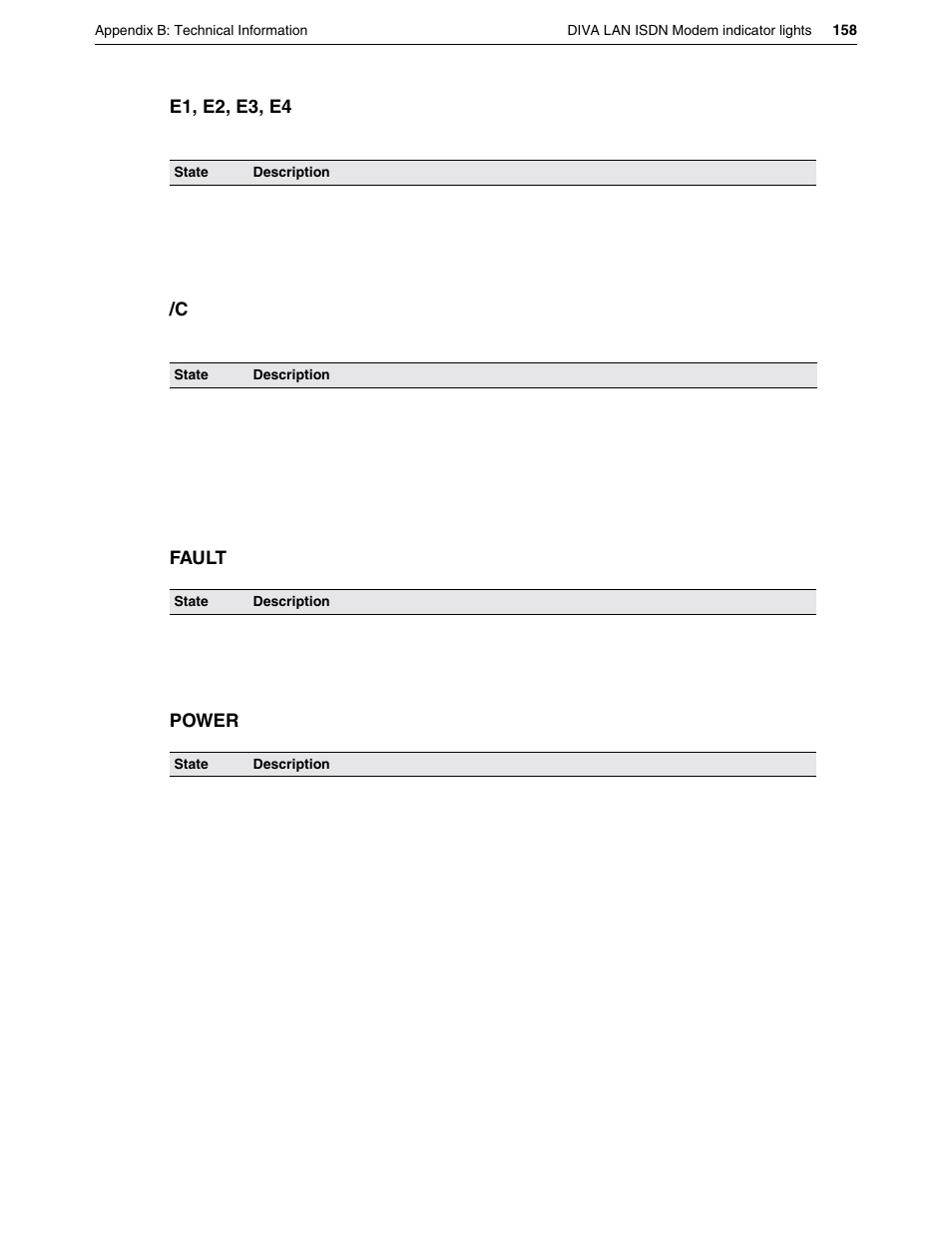 E1, e2, e3, e4, Fault power | Eicon Networks DIVA LAN ISDN User Manual | Page 158 / 213