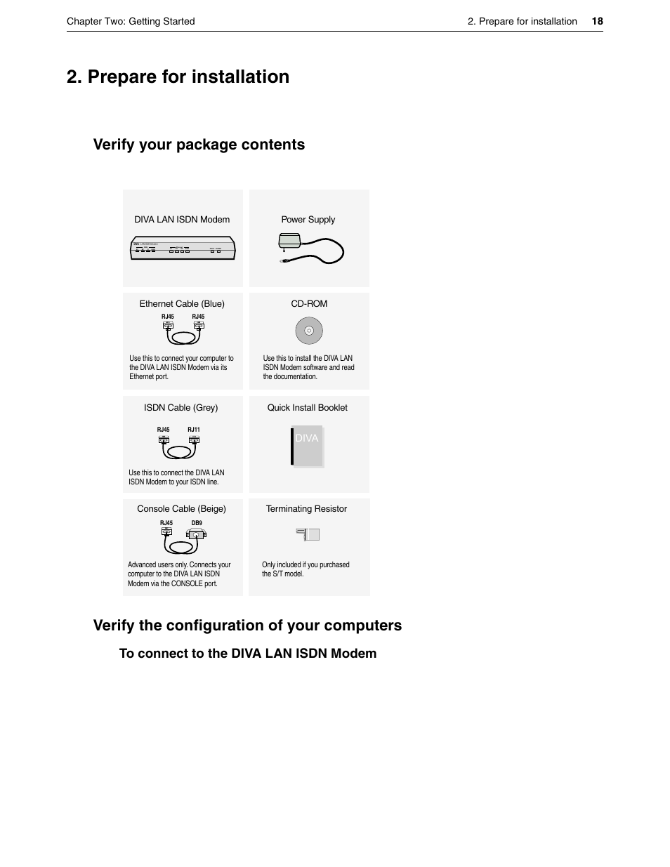 Prepare for installation, Verify your package contents, Verify the configuration of your computers | Step 2. prepare for installation, Your package should contain the following | Eicon Networks DIVA LAN ISDN User Manual | Page 18 / 213