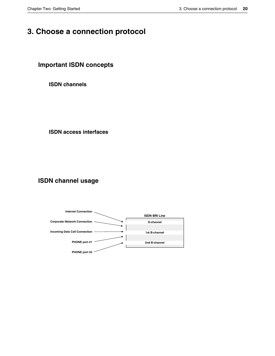 Choose a connection protocol, Important isdn concepts, Isdn channel usage | Important isdn concepts isdn channel usage, Ep 3. choose a connection protocol, Isdn channels, Isdn access interfaces | Eicon Networks DIVA LAN ISDN User Manual | Page 20 / 213