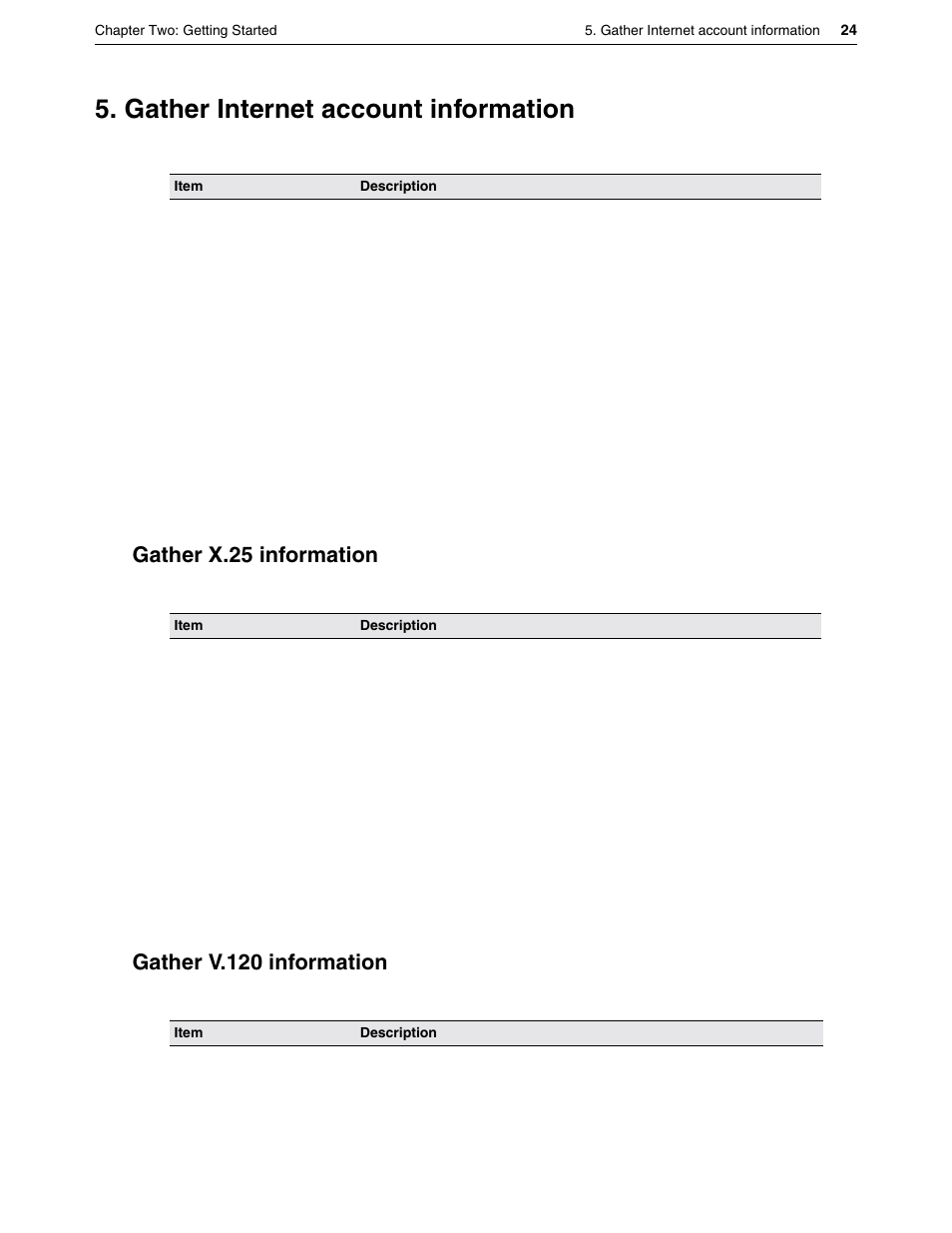 Gather internet account information, Gather x.25 information, Gather v.120 information | Gather x.25 information gather v.120 information | Eicon Networks DIVA LAN ISDN User Manual | Page 24 / 213
