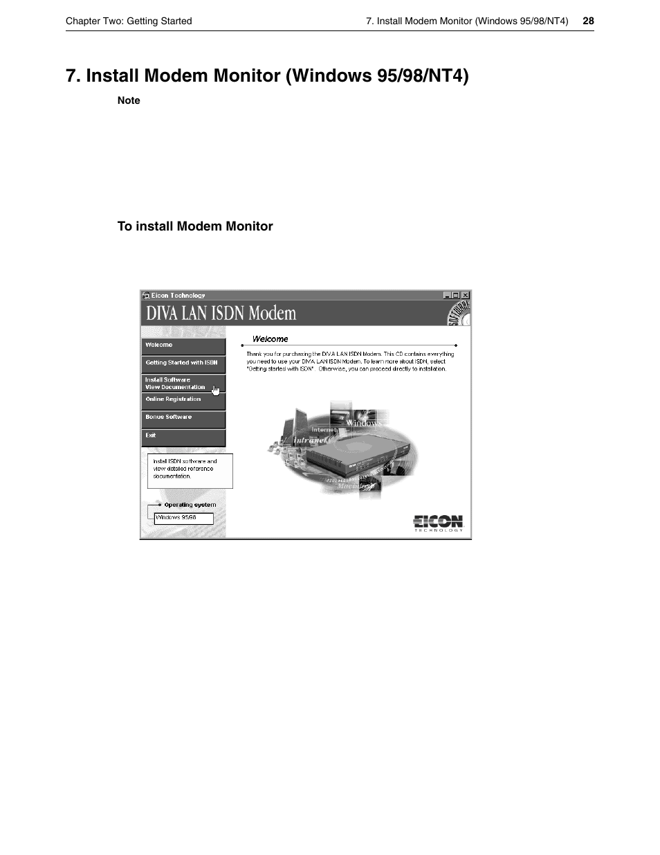 Install modem monitor (windows 95/98/nt4) | Eicon Networks DIVA LAN ISDN User Manual | Page 28 / 213