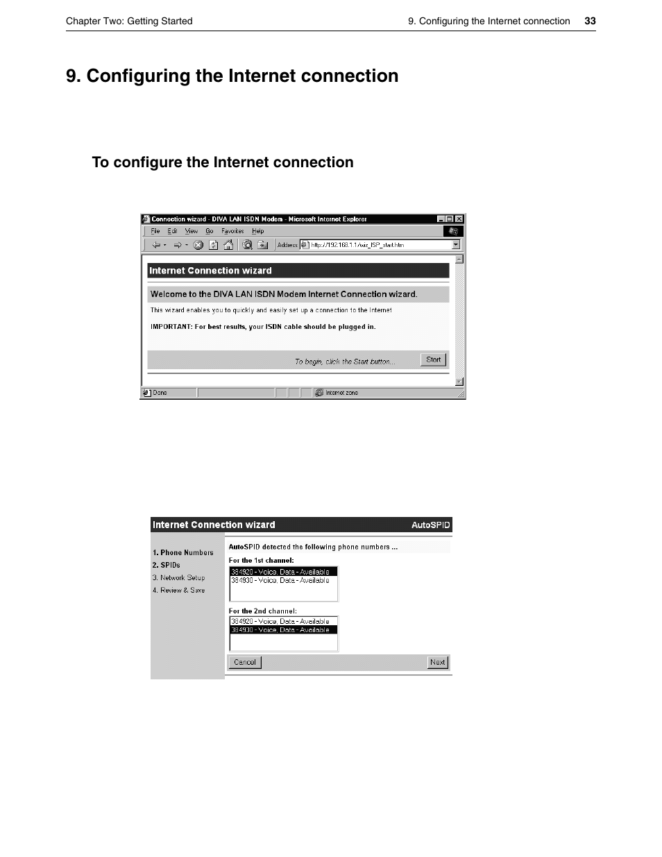 Configuring the internet connection, To configure the internet connection, Step 9. configuring the internet connection | Eicon Networks DIVA LAN ISDN User Manual | Page 33 / 213