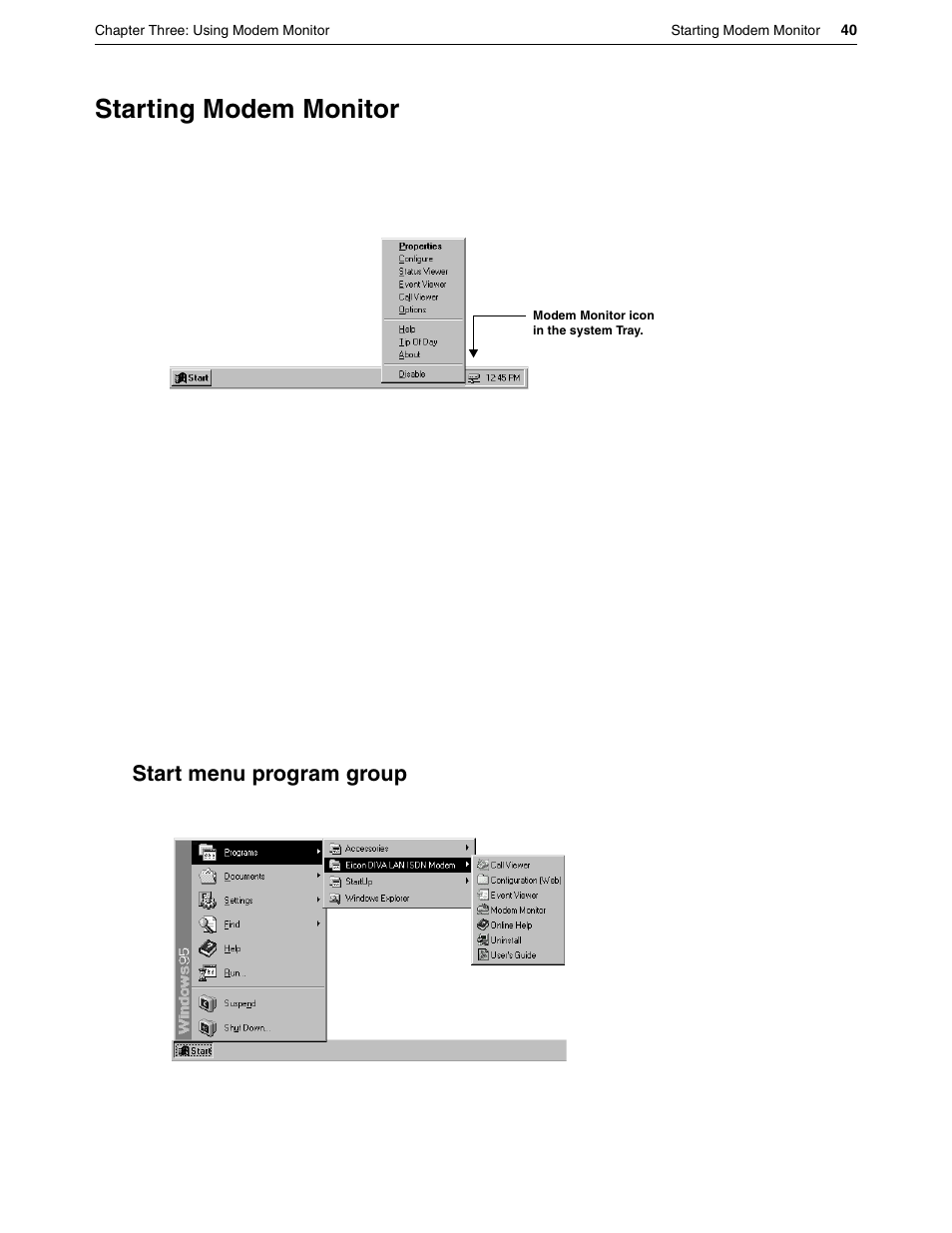 Starting modem monitor, Start menu program group | Eicon Networks DIVA LAN ISDN User Manual | Page 40 / 213