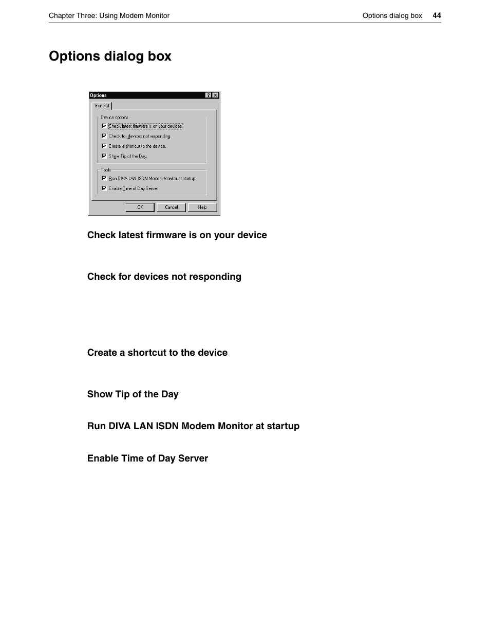 Options dialog box | Eicon Networks DIVA LAN ISDN User Manual | Page 44 / 213