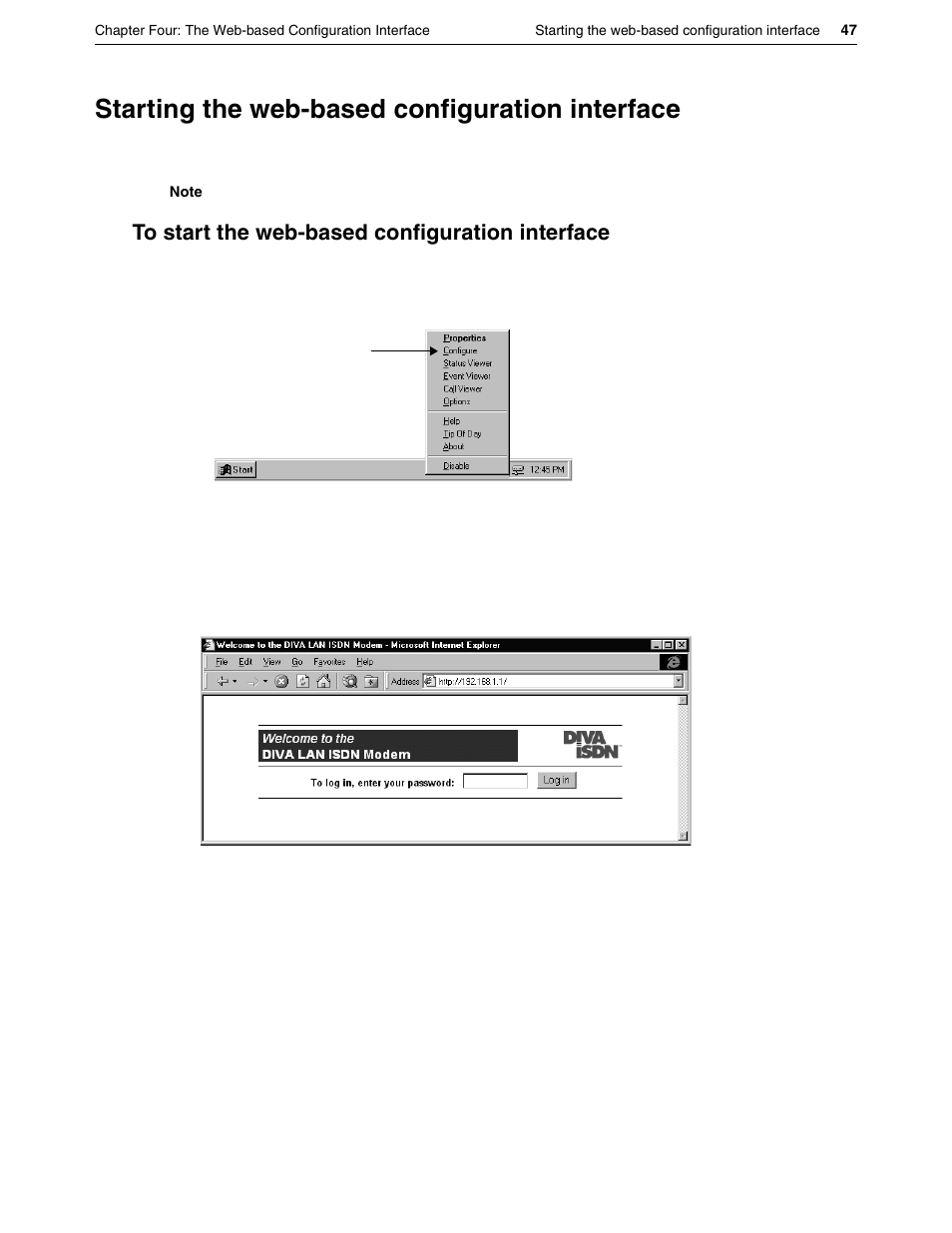 Starting the web-based configuration interface, To start the web-based configuration interface | Eicon Networks DIVA LAN ISDN User Manual | Page 47 / 213