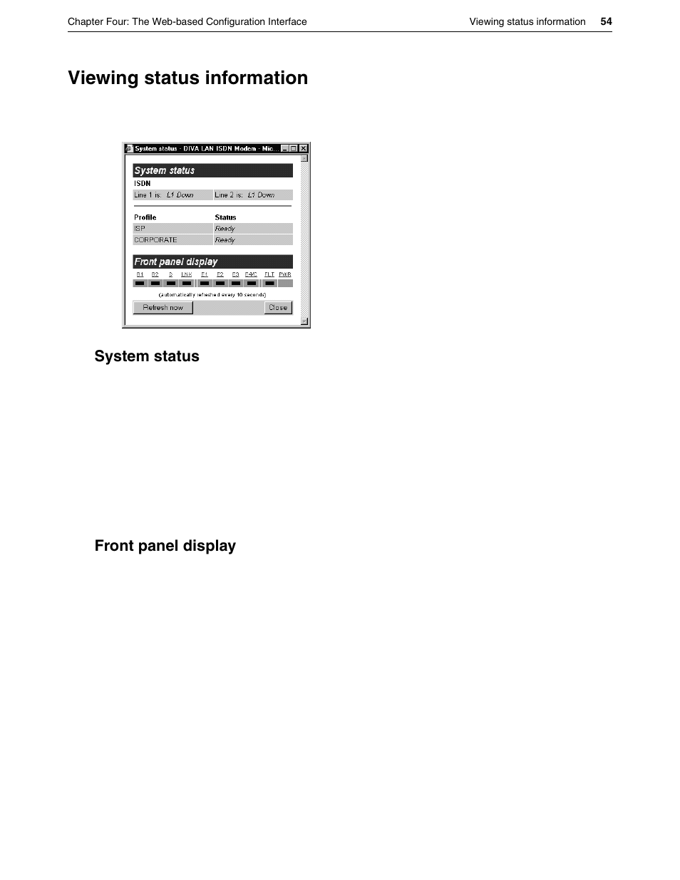 Viewing status information, System status, Front panel display | System status front panel display | Eicon Networks DIVA LAN ISDN User Manual | Page 54 / 213