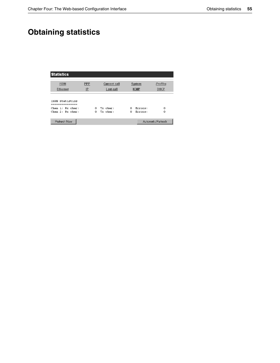 Obtaining statistics | Eicon Networks DIVA LAN ISDN User Manual | Page 55 / 213