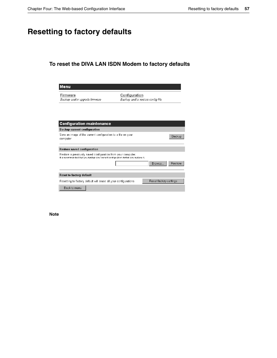 Resetting to factory defaults | Eicon Networks DIVA LAN ISDN User Manual | Page 57 / 213