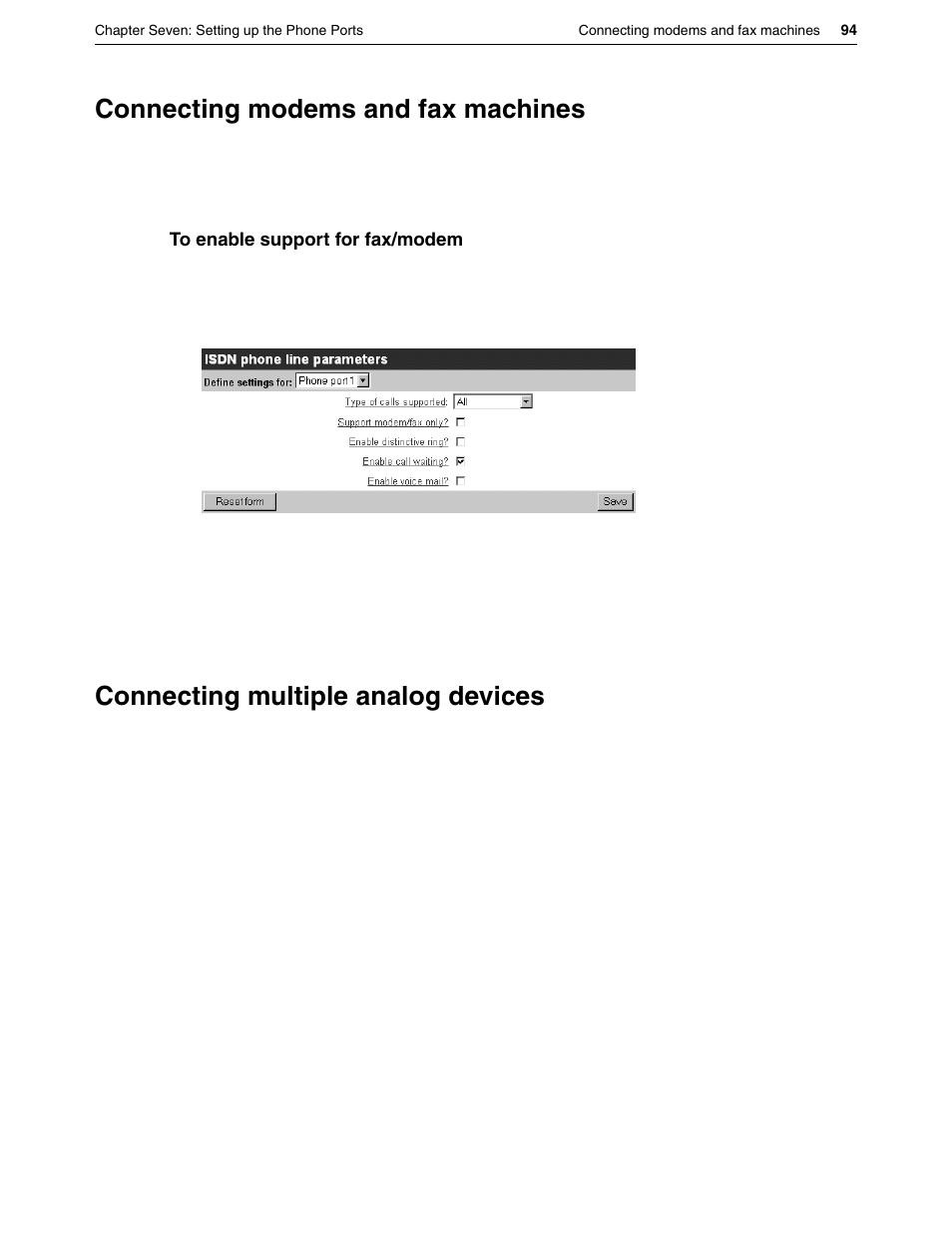 Connecting modems and fax machines, Connecting multiple analog devices | Eicon Networks DIVA LAN ISDN User Manual | Page 94 / 213