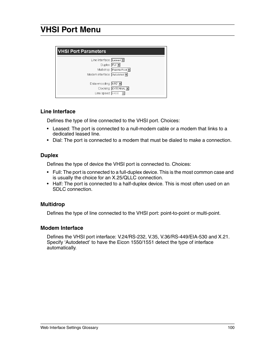 Vhsi port menu | Eicon Networks 1550 User Manual | Page 100 / 157