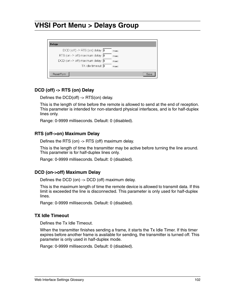 Vhsi port menu > delays group | Eicon Networks 1550 User Manual | Page 102 / 157