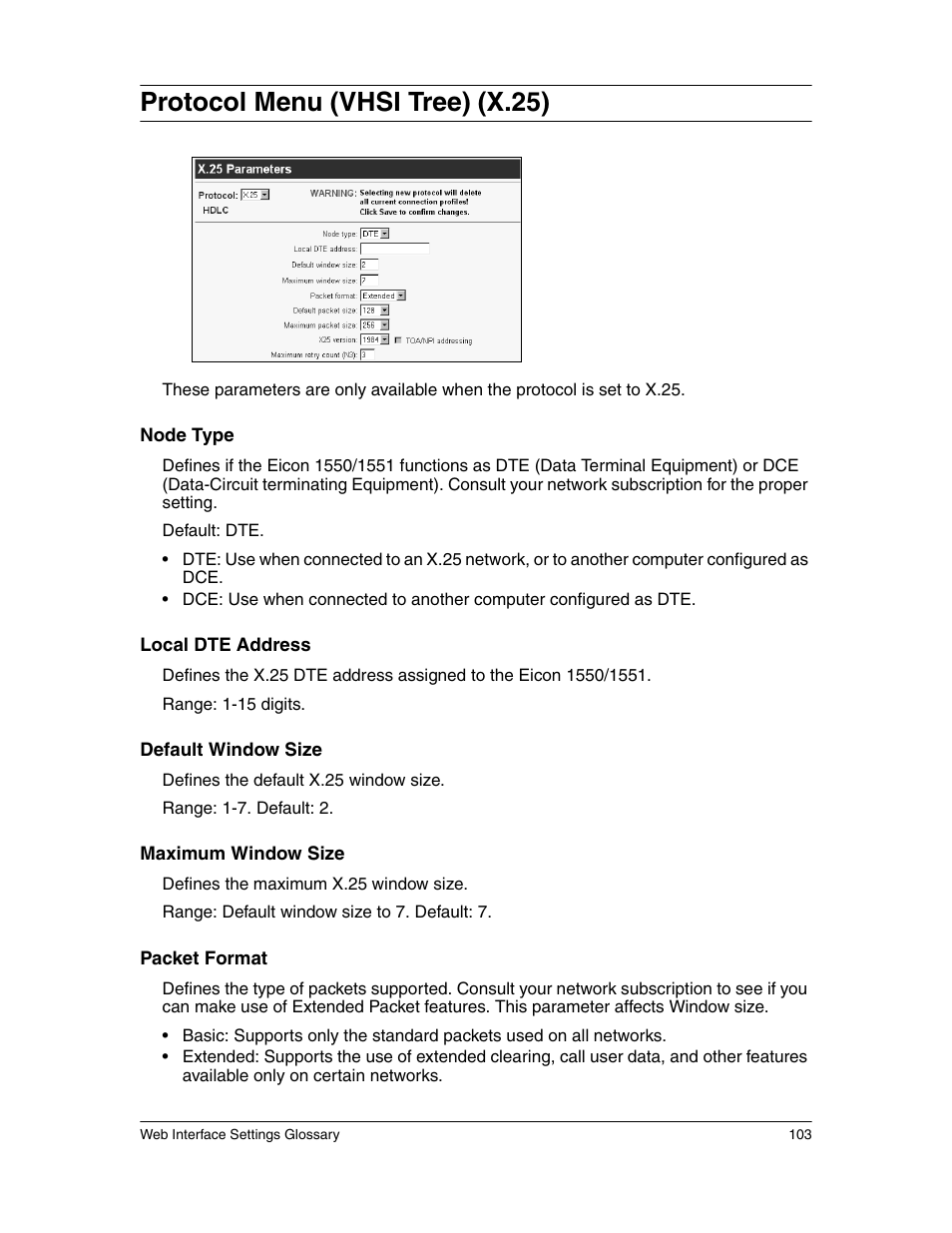 Protocol menu (vhsi tree) (x.25) | Eicon Networks 1550 User Manual | Page 103 / 157
