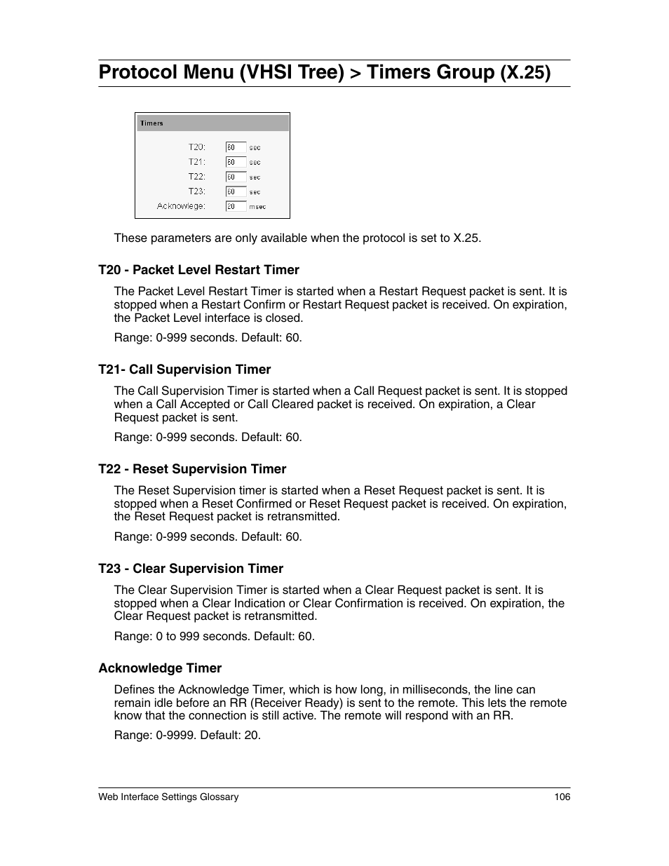 Protocol menu (vhsi tree) > timers group (x.25), Protocol menu (vhsi tree) > timers group, X.25) | Eicon Networks 1550 User Manual | Page 106 / 157