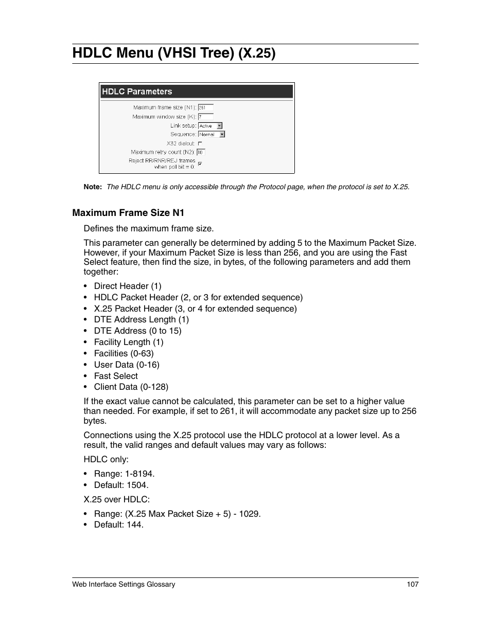 Hdlc menu (vhsi tree) (x.25), Hdlc menu (vhsi tree), X.25) | Eicon Networks 1550 User Manual | Page 107 / 157