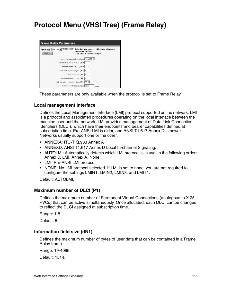 Protocol menu (vhsi tree) (frame relay) | Eicon Networks 1550 User Manual | Page 111 / 157