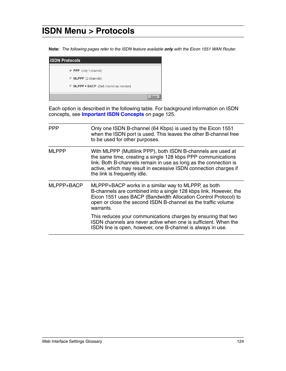 Isdn menu > protocols, Isdn, Menu > protocols | Eicon Networks 1550 User Manual | Page 124 / 157