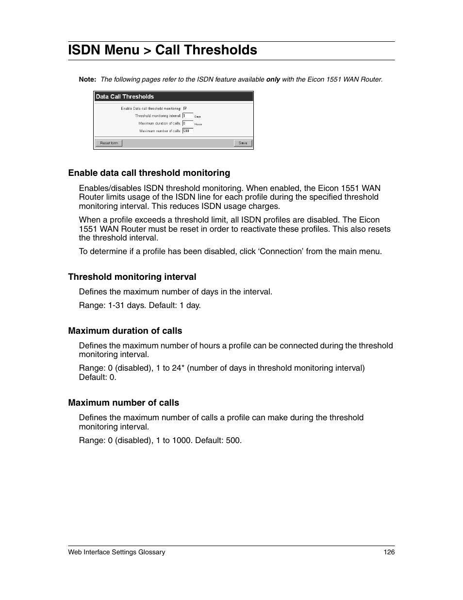 Isdn menu > call thresholds | Eicon Networks 1550 User Manual | Page 126 / 157