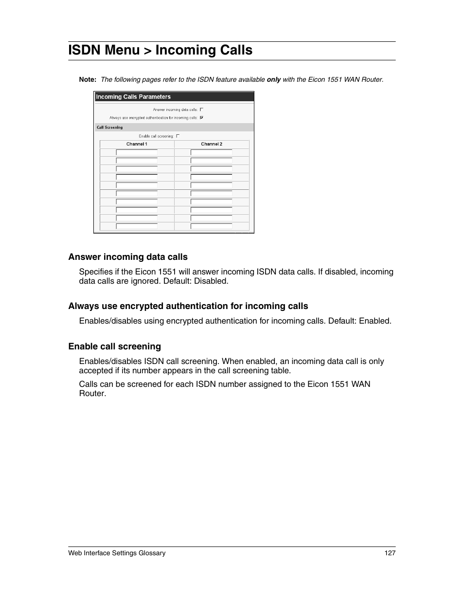 Isdn menu > incoming calls | Eicon Networks 1550 User Manual | Page 127 / 157