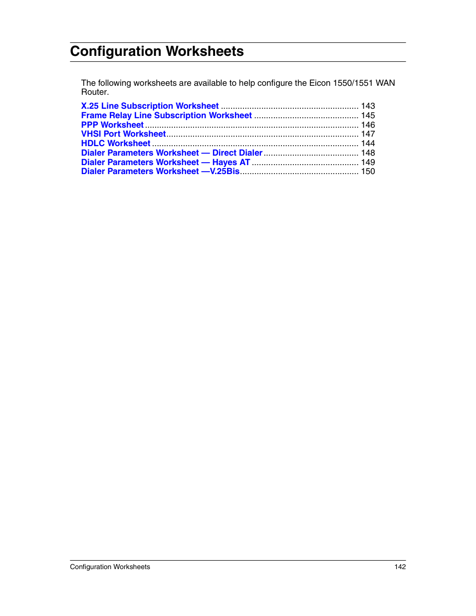 Configuration worksheets, Configuration, Worksheets | Eicon Networks 1550 User Manual | Page 142 / 157