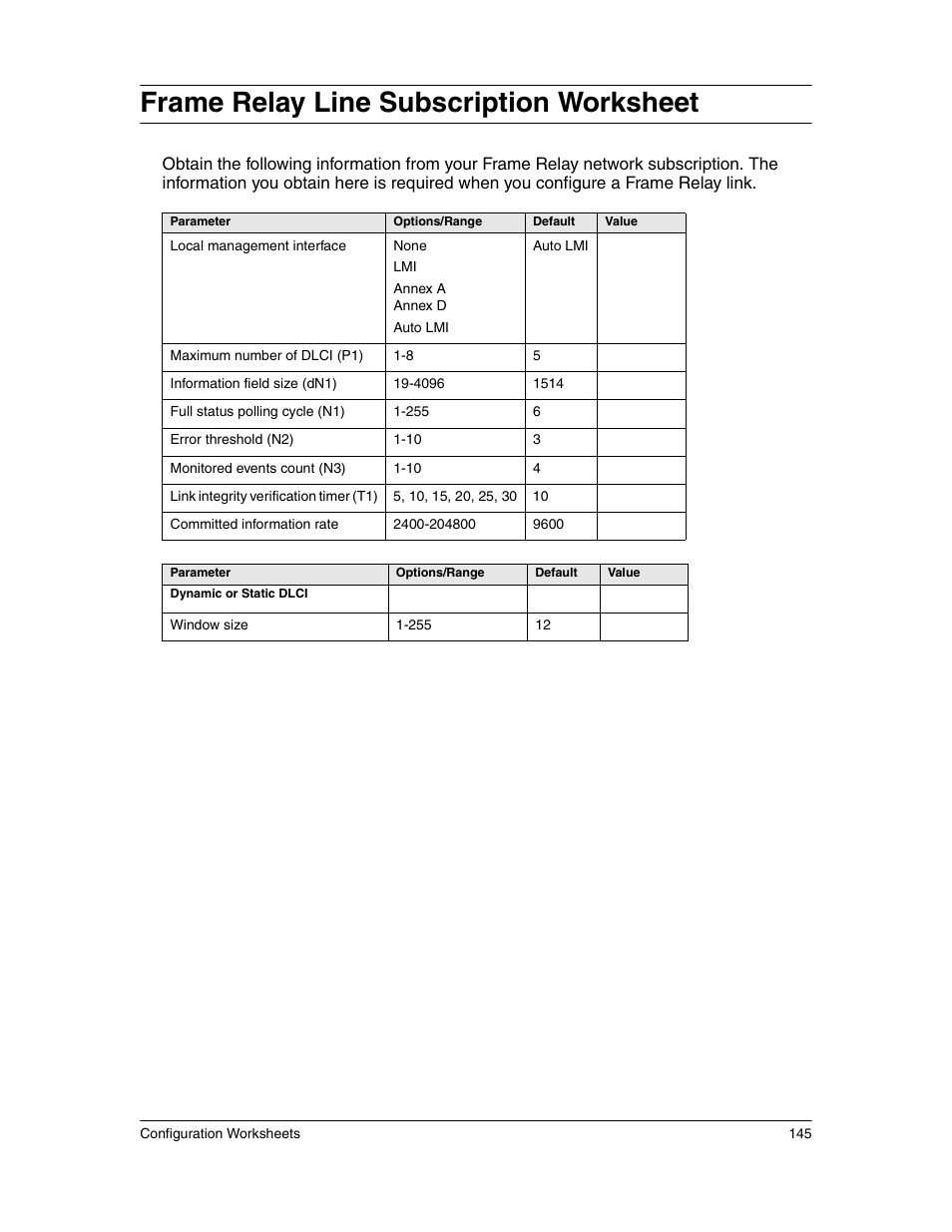 Frame relay line subscription worksheet | Eicon Networks 1550 User Manual | Page 145 / 157
