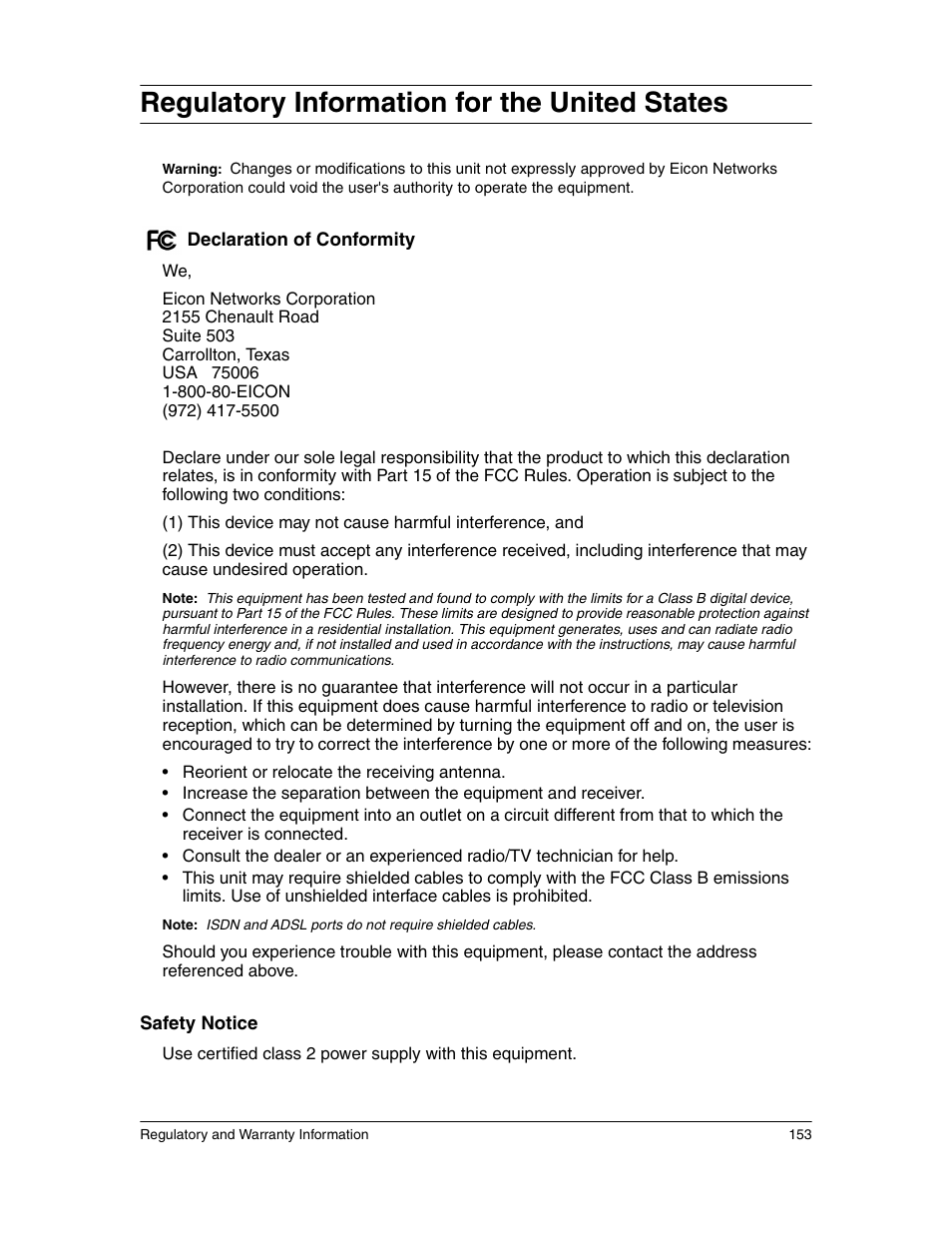 Regulatory information for the united states | Eicon Networks 1550 User Manual | Page 153 / 157