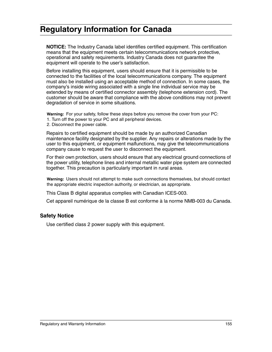 Regulatory information for canada | Eicon Networks 1550 User Manual | Page 155 / 157