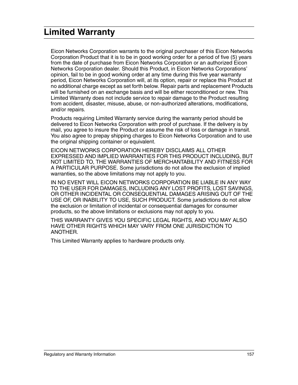 Limited warranty | Eicon Networks 1550 User Manual | Page 157 / 157