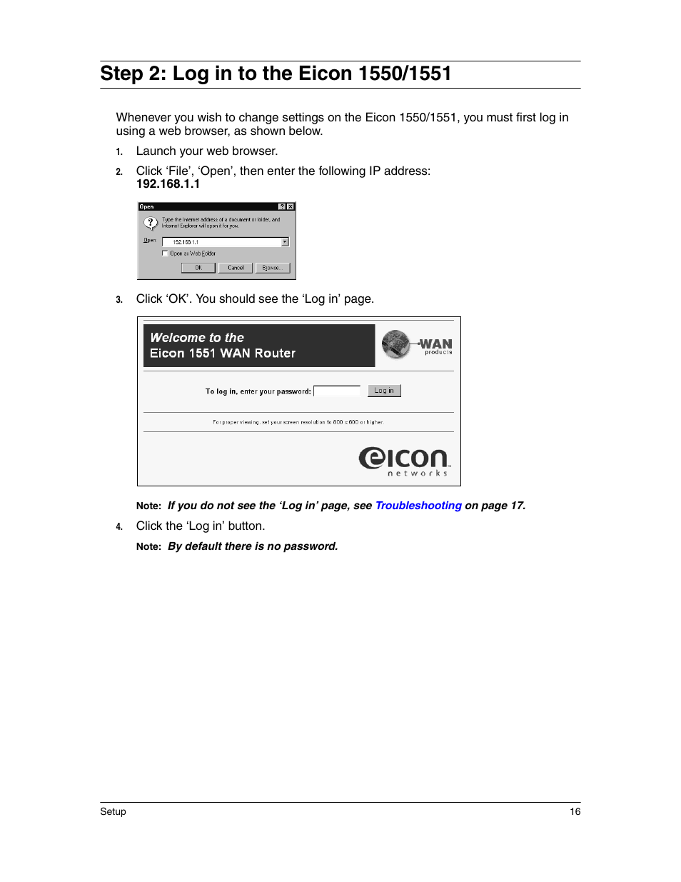 Step 2: log in to the eicon 1550/1551 | Eicon Networks 1550 User Manual | Page 16 / 157